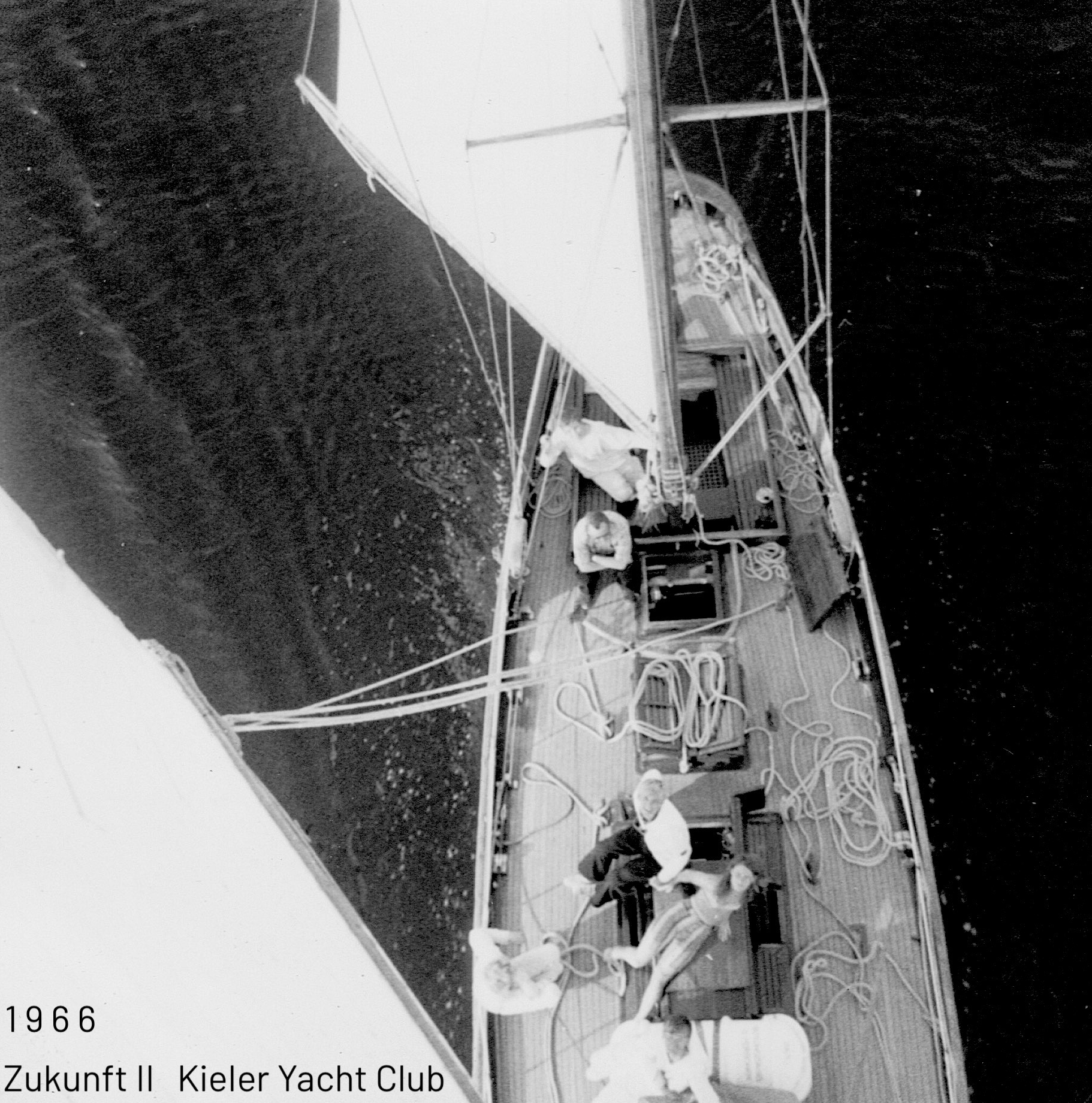 Sailing yacht Zukunft II of the Kiel Yacht Club in 1966, viewed from the mast.