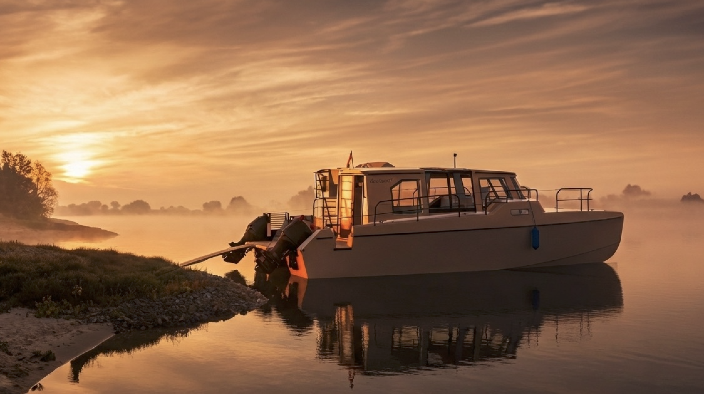 KRONLAND II im warmen Licht eines Sonnenaufgangs am Wasser.