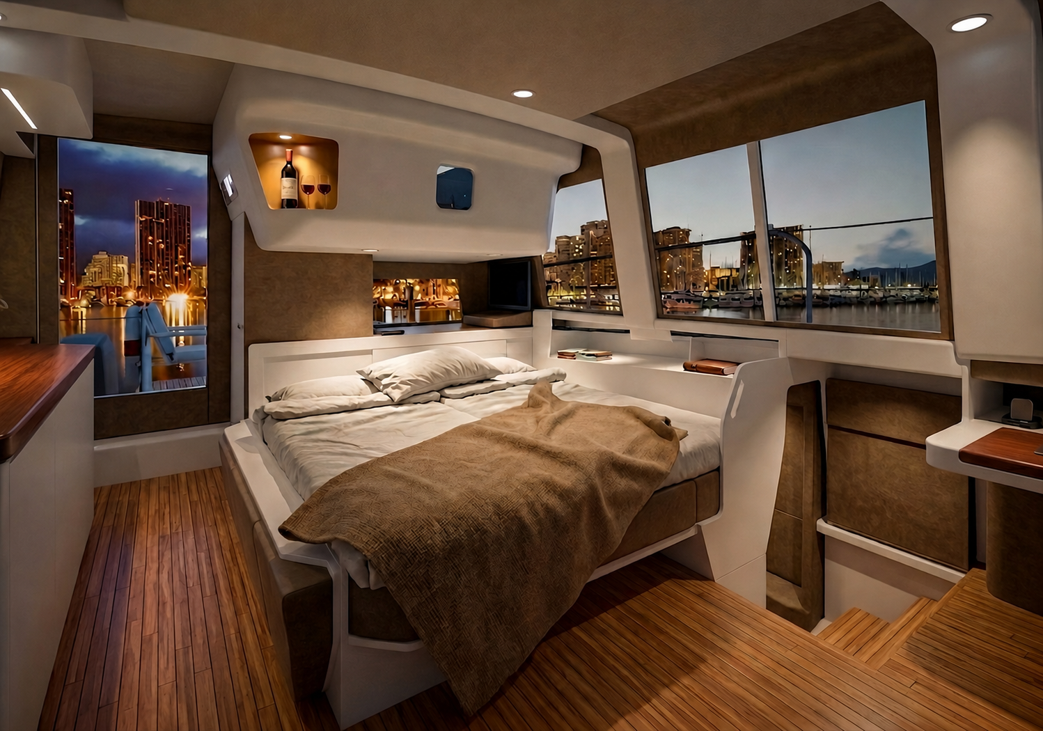 Zum Doppelbett umgebautes Sofa der Neuland 37 mit Panoramablick auf die Lichter einer Großstadt.