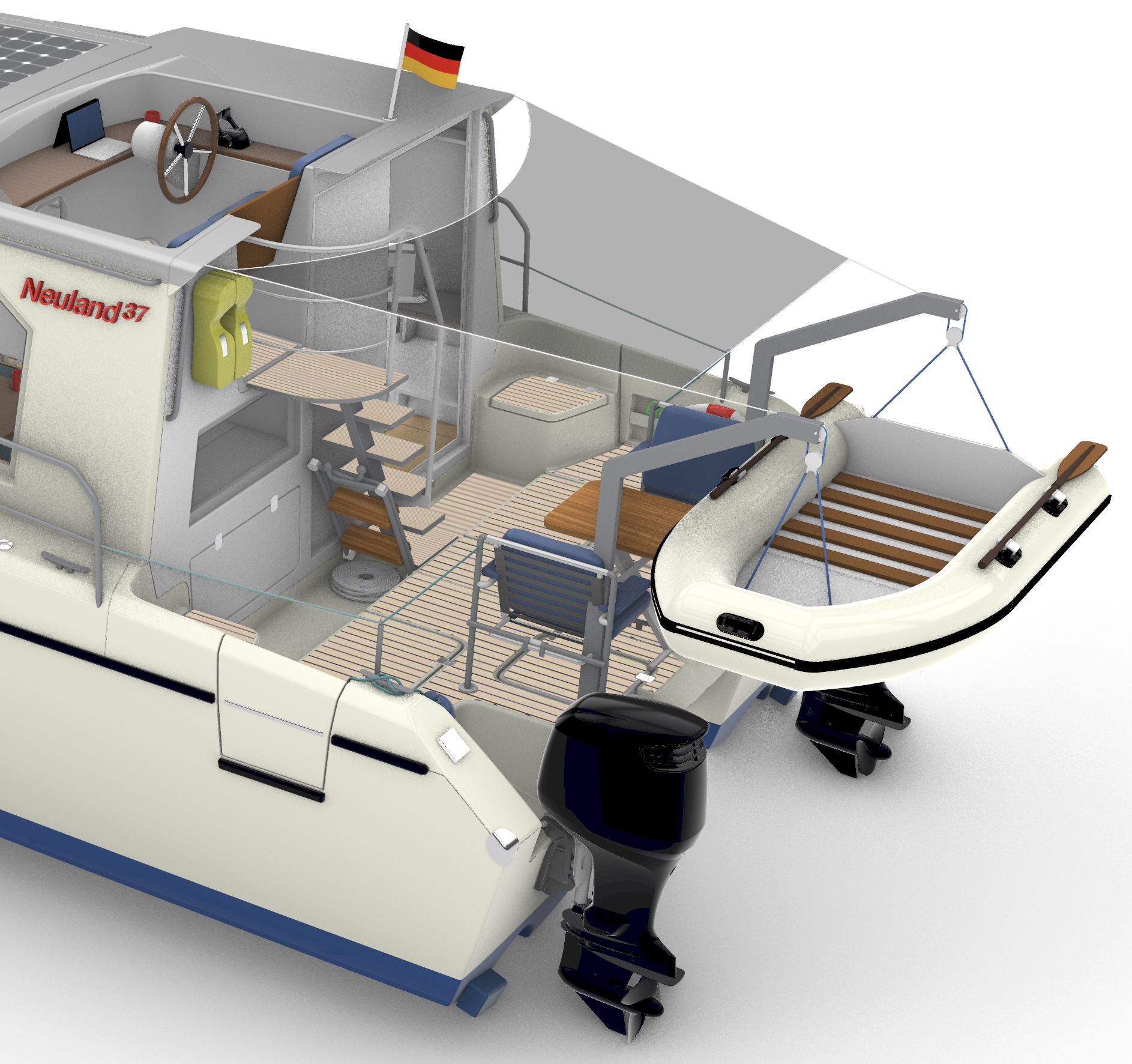 Heckbereich der Neuland 37 mit Beiboot und Sitzgruppe.