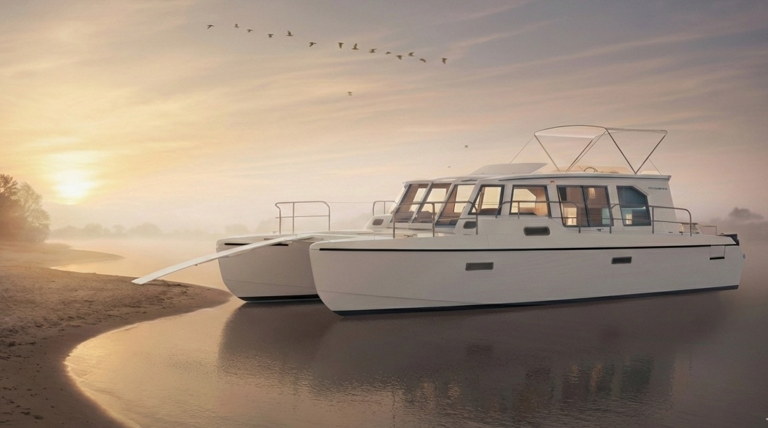Neuland 37 mit ausgelegter Gangway an einem stillen Strand