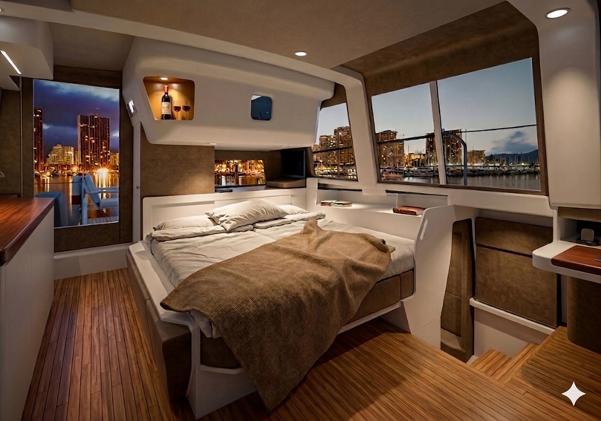 Zum Doppelbett umgebautes Sofa der Neuland 37 mit Panoramablick auf die Lichter einer Großstadt.
